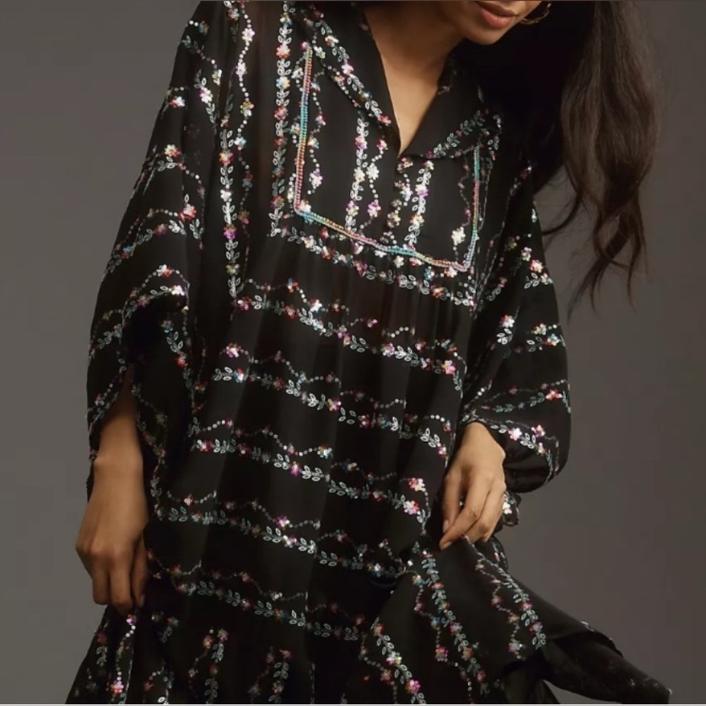 NWT DESIGNER Anna Sui x Anthropologie Black Beaded Fantasy Kaftan SIZE S